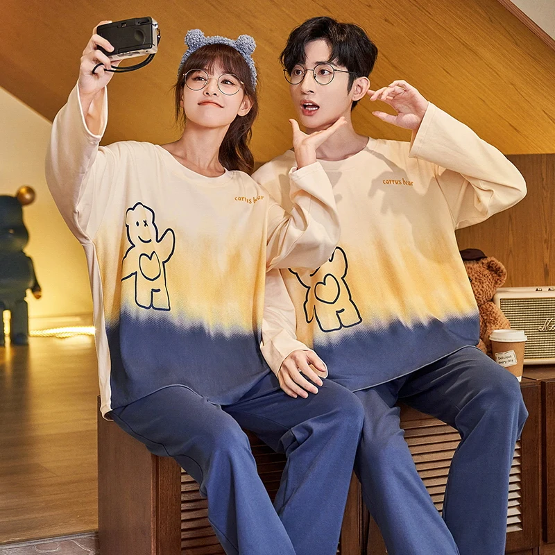Autumn Couples Pajamas Set Women Men Spring Pyjamas Sleepwear Cartoon Korean Lovers Homewear Cotton Sleep Tops Pijama Free Ship