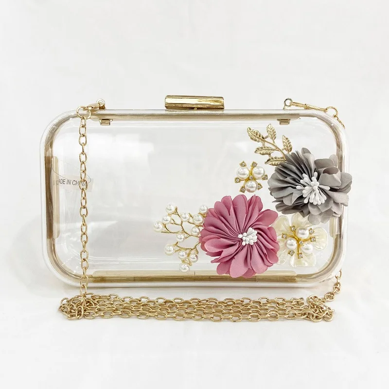 

Women'S Small Acrylic Transparent Bag With Three-Dimensional Flower Wedding Evening Pouch Chain Bag For Women Summer 2022 Clutch