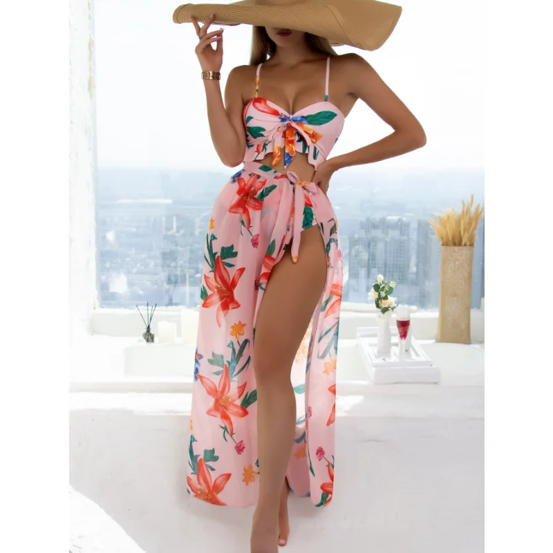 

3 Pieces Women Floral Print Knot Front Bikinis Ruffle Swimwear Female High Waist Swimsuit With Beach Skirt Bathing Suit