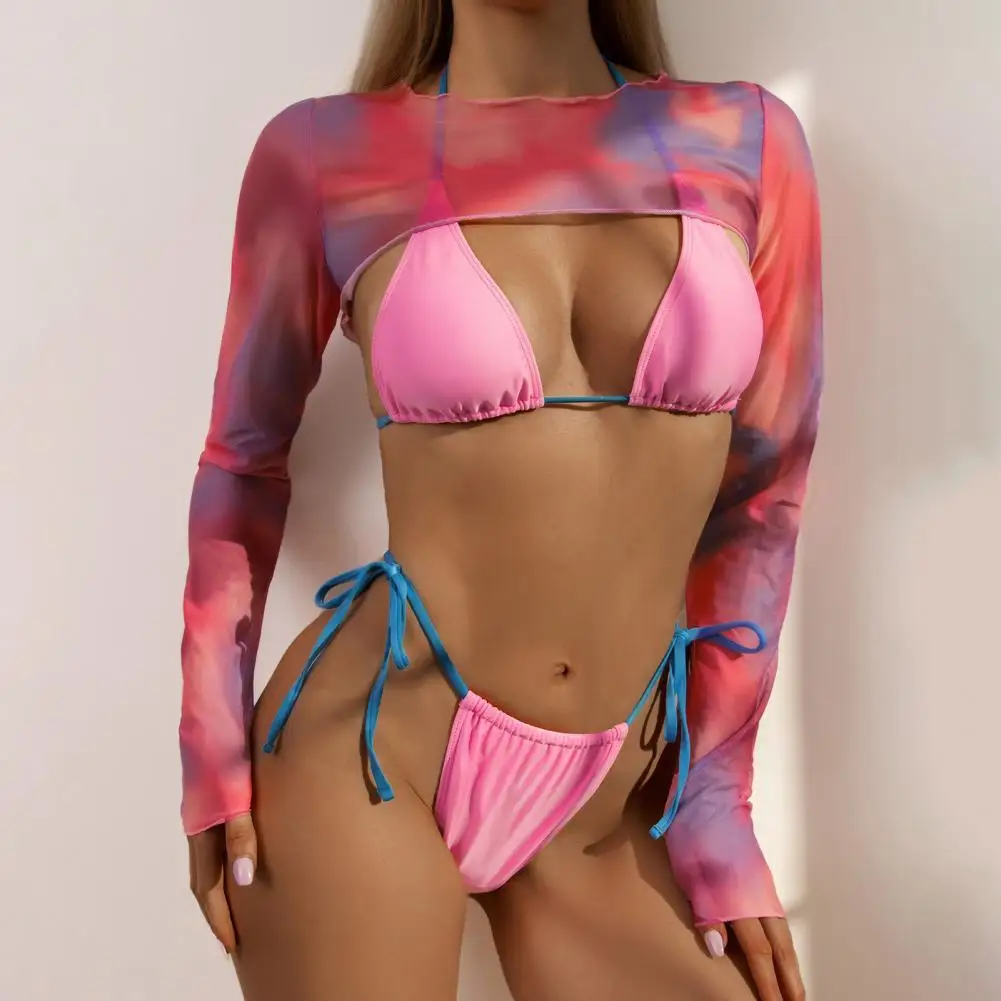 

3 шт./компл. купальник с лямкой на шее и поясом, розовая накидка, топ, бюстгальтер, трусики, регулируемый плотный купальник