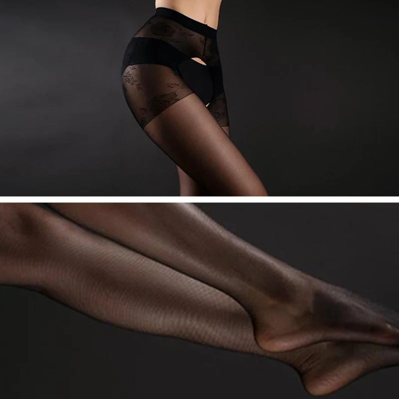 Women Super Shiny Glossy Silky Pantyhose Ultra Thin Sheer Jacquard Open Crotch Stockings Elastic Socks Stretchy Slim Tights