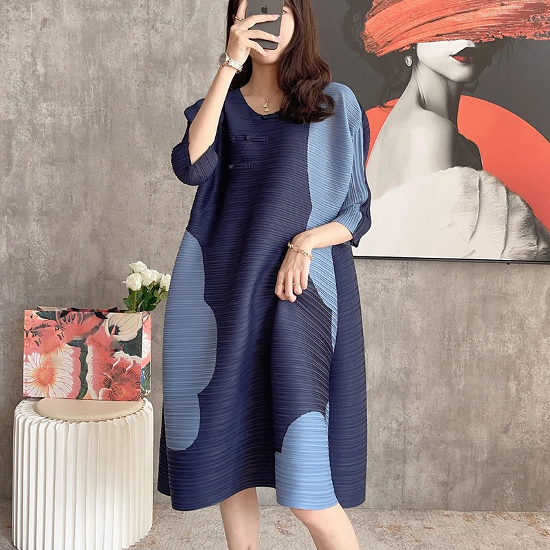 

Miyake Style Fold Woman Pleated Midi Dress Print Color Block Round Collar Seven Sleeve Fashion Casual Loose 2023 New Summer