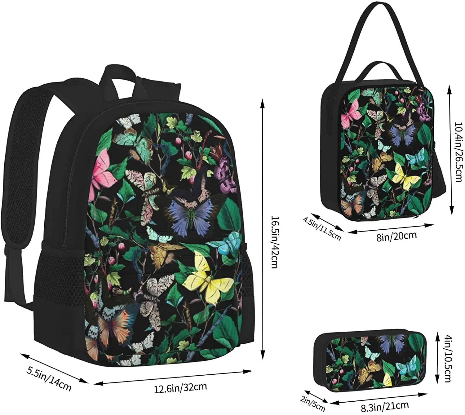 Butterfly Sanctuary Bright Backpack Set 3-Piece Teen Boys Girls Backpack Messenger Lunch Bag Pencil Case Set