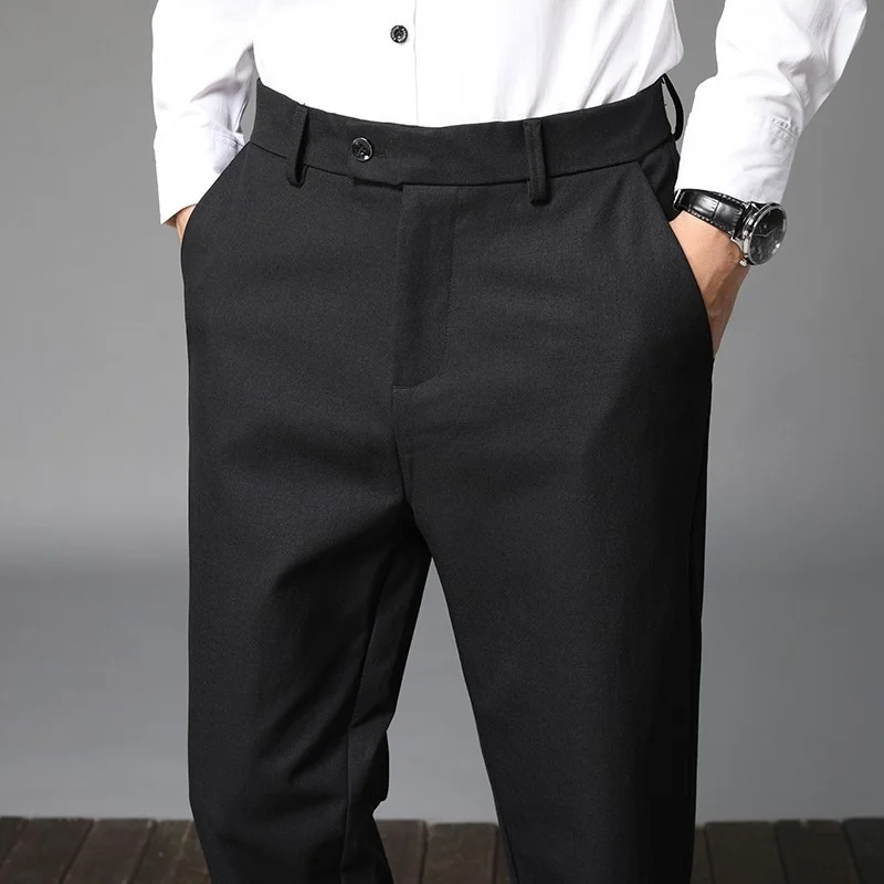 

Summer 2023 Suit Pants Mens Stretch Korean Casual Slim Fit Elastic Waist Jogger Business Classic Trousers Male Black Gray Pants
