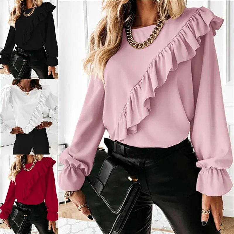 

New O-neck Long Sleeve Women's Clothing Loose Chiffon Shirt Spring Women Sweets Shirts Blouse Fashion Tops Blusas 18247