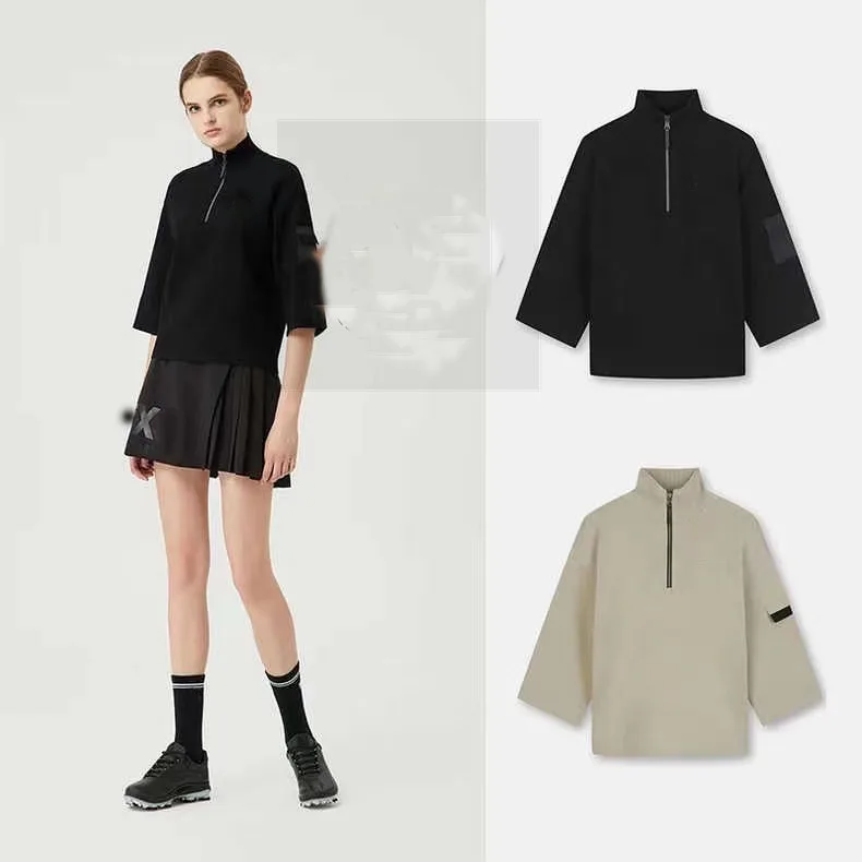 

Korean Golf Women's Top Stand Collar Knit T-shirt Fashion Versatile Casual Loose High Neck Three quarter Sleeve