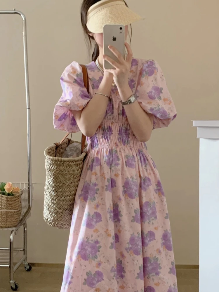 

Korean Style Summer Puff Sleeves Floral Dress Women 2022 Chic Loose Short Sleeve O-neck Casual Vintage Long Dresses Elegant