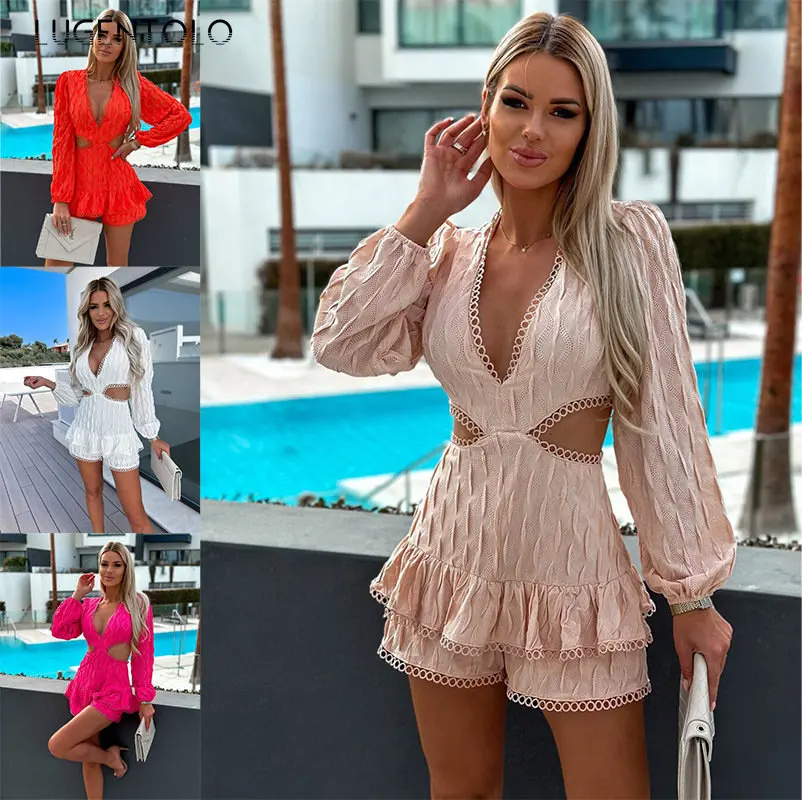 

Женские ажурные сексуальные комбинезоны, модные кружевные комбинезоны с глубоким V-образным вырезом и открытой талией, милые шикарные облегающие летние элегантные комбинезоны с длинным рукавом