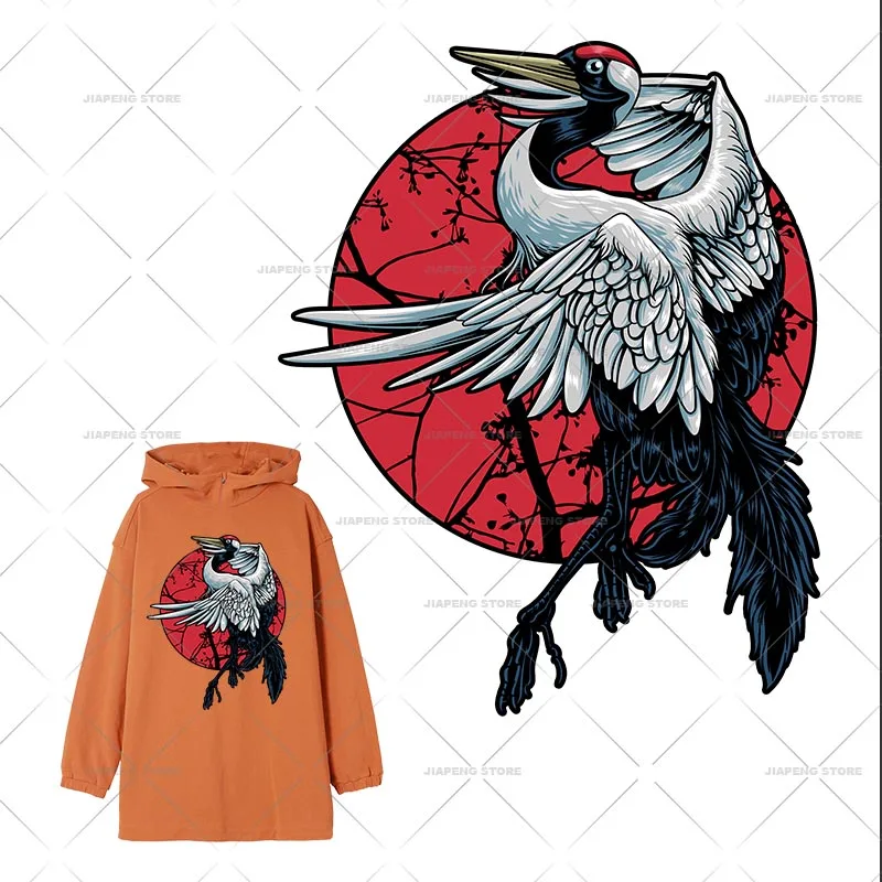 Red-Crowned Crane Heat Transfer Vinyl Sticker Iron On Transfers For Clothes Man jacket Hoodie Chinese style Patches DIY Gift DIY