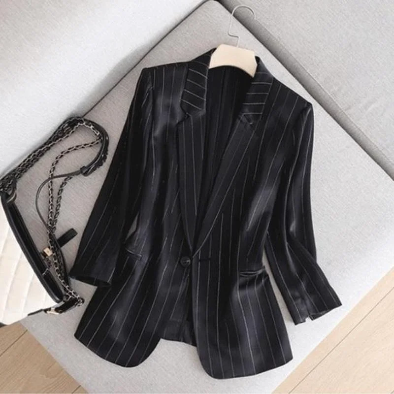 Korean Elegant Satin Za Women Blazer Office Business Office Ladies Blazers Loose Tops Woman Bright Silk Striped Suit Jackets New