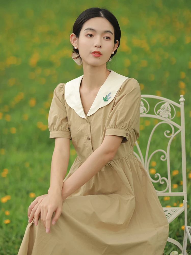 

Summer new women's dress Korean style literature and art institute style baby collar button loose long dress girl pastoral dress
