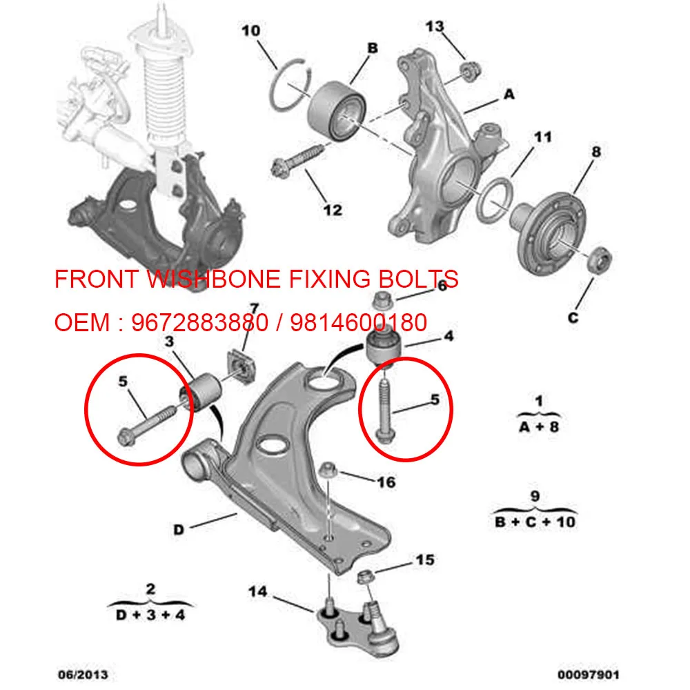 Болты крепежные передние WISHBONE для Peugeot 308 (T9) 308T9 Citroen C4 PICASSO SPACETOURER (B78) 9672883880 9814600180