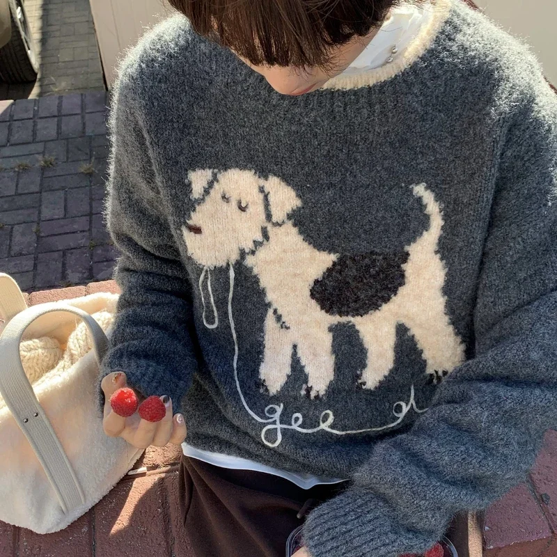 2024 японский осенний новый серый пуловер с круглым вырезом и щенком для женщин