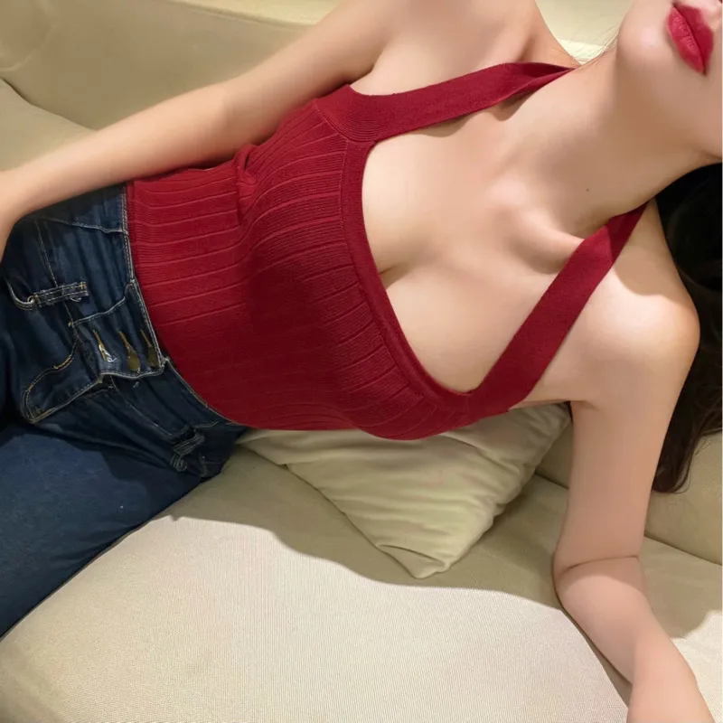 

Sexy Halterneck Women Knit Camis 2022 Summer Sleeveless Backless Slim Lace-up Suspender Vest Solid Female Cropped Tops