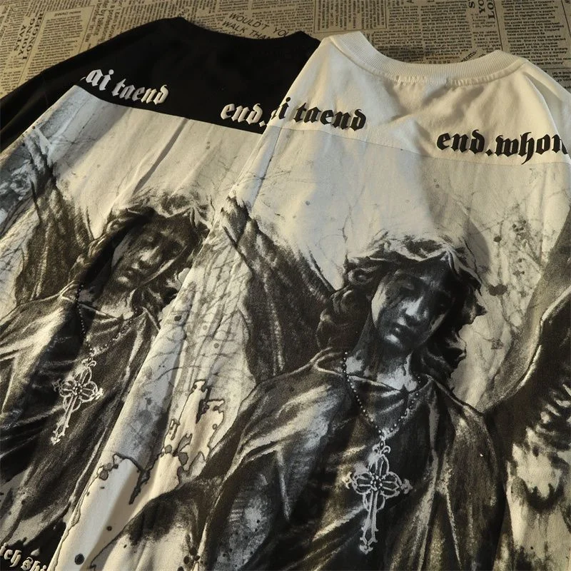 

100% Pure Cotton European and American Dark Black Angel Short Sleeved T-shirt Women's Inset Loose Vintage T-shirt Trend