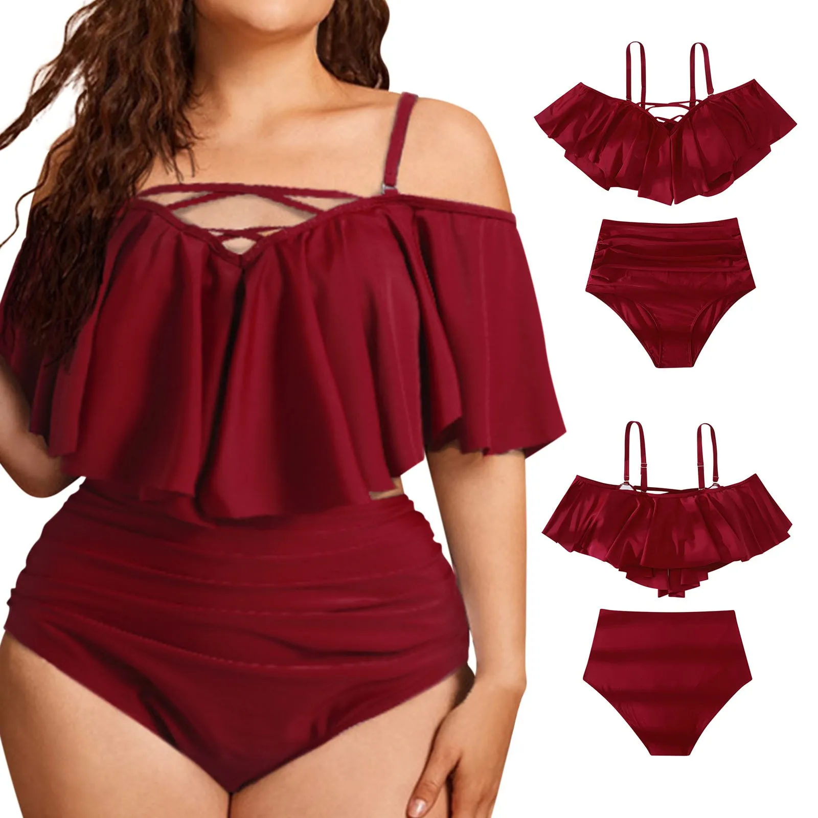 Женский раздельный купальник с оборками и высокой талией |