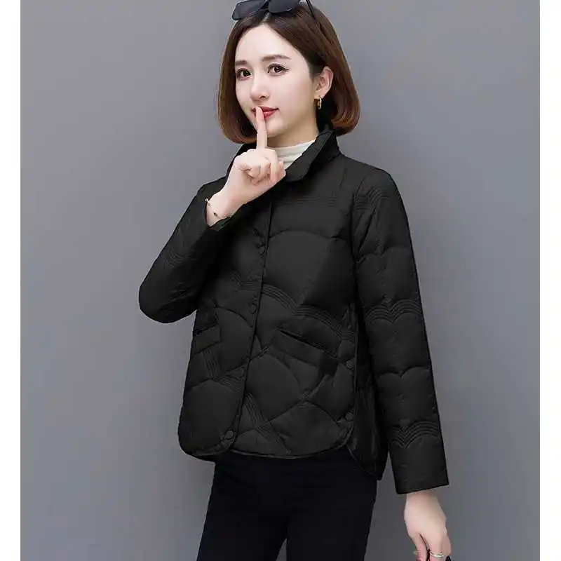 Lightweight Standing Collar Jacket Woman Winter 2023 Quilted Leather Coat Bomber Spring Demi-season Parka Female New