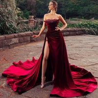 burgundy red elegant sexy exquisite evening dress strapless a line floor length with train high split prom dress custom made