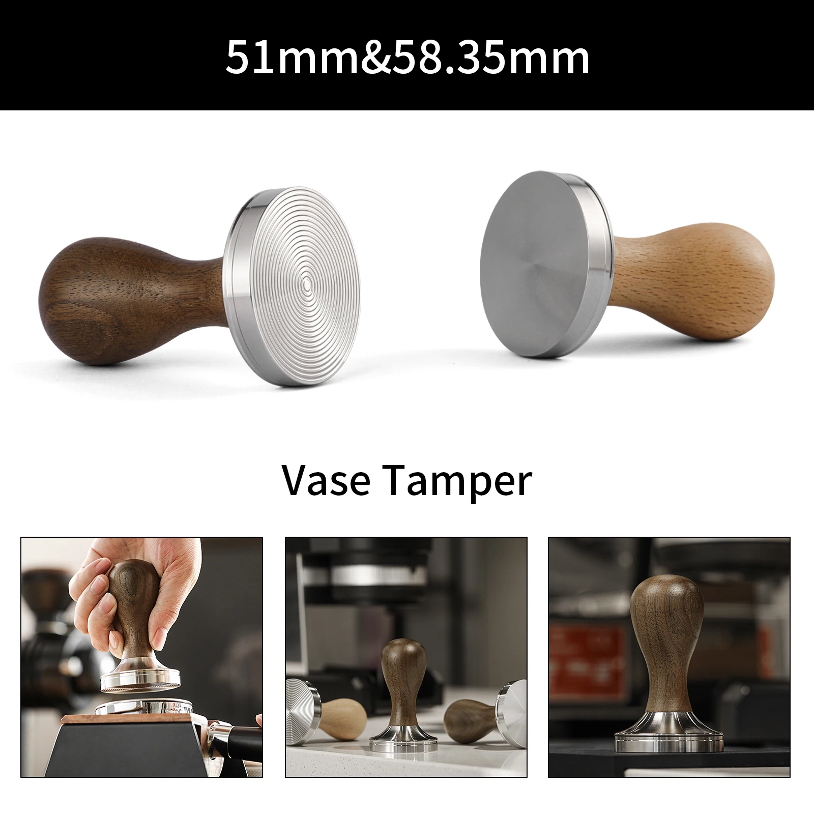 

MHW-3BOMBER 51mm 58.35mm Calibrated Espresso Tamper with Wooden Handle Stainless Steel Base Chic Home Barista Coffee Accessories