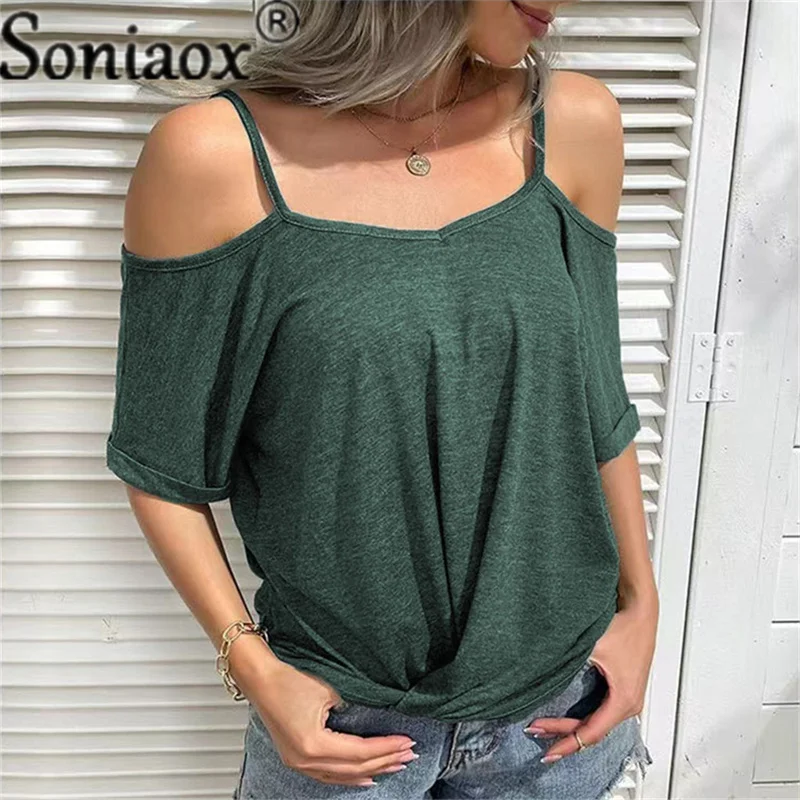 Купи 2022 Summer New Short Sleeve Solid Color Ladies T-Shirt Women Sexy Suspenders Off Shoulder V-Neck Slim Casual Loose Tops Tee за 553 рублей в магазине AliExpress