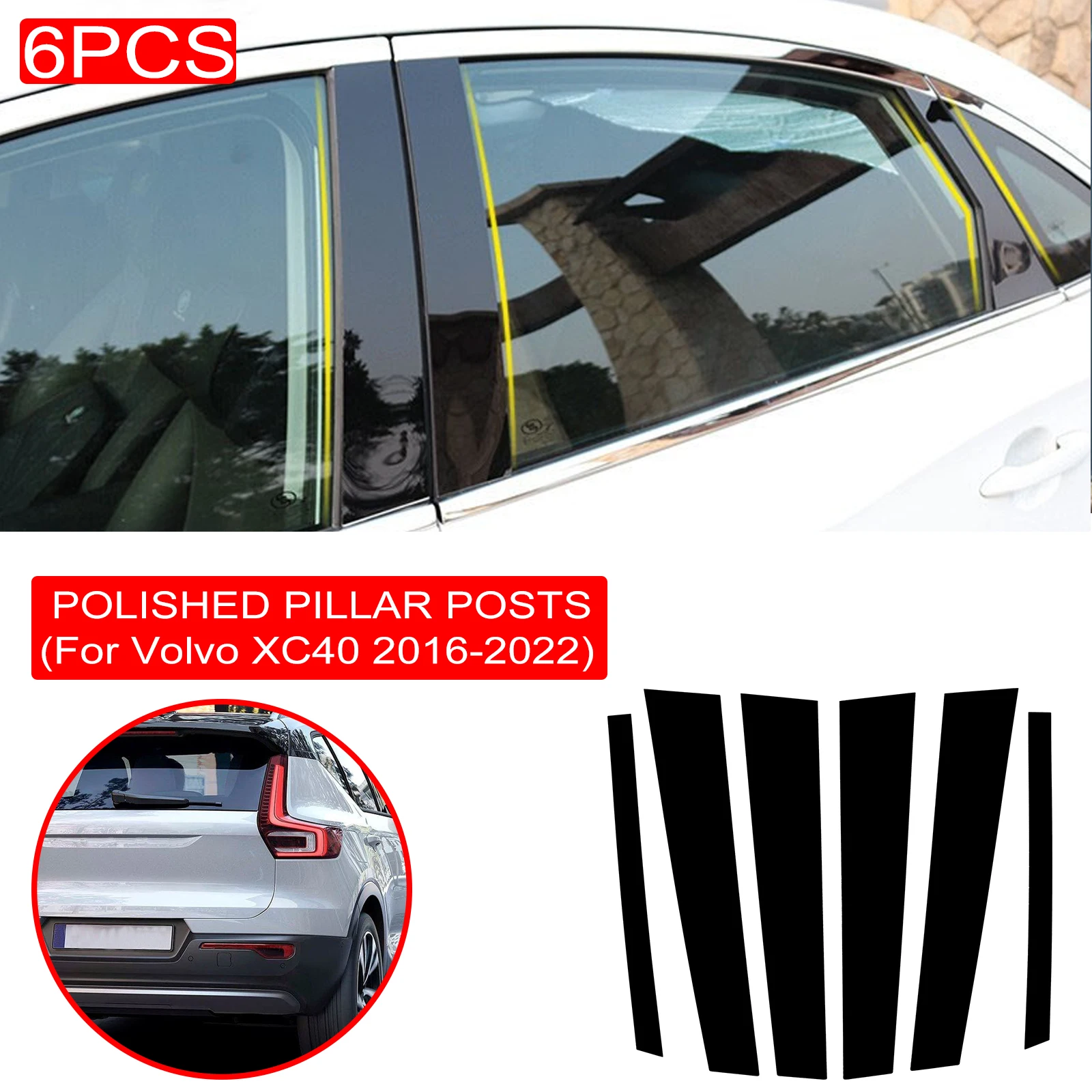 

6PCS Polished Pillar Posts Fit for Volvo XC40 2016-2022 Window Trim Cover BC Column Accessories Sticker Gloss Black