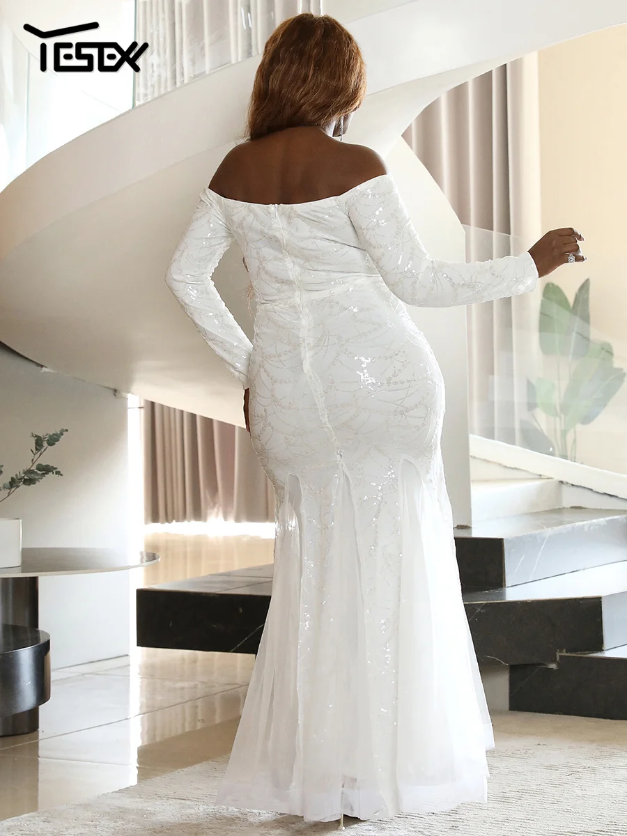 Yesexy Plus Size Off Shoulder Long Sleeve Mermaid Hem Sequin  Bride White Wedding Dress Maxi Dresses