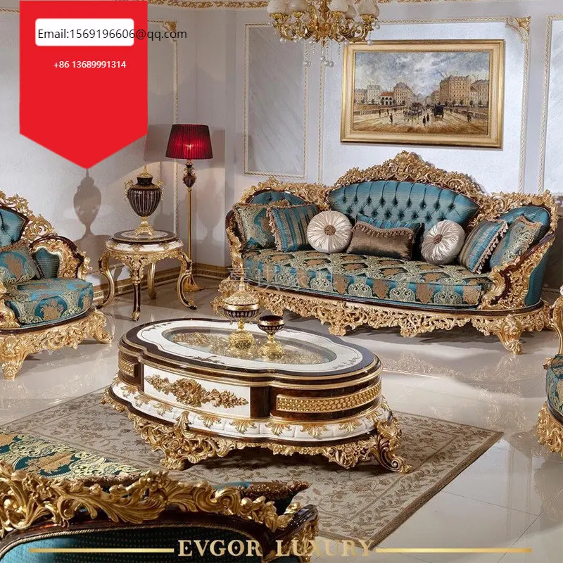 

European-style Luxury all-solid Wood Sofa Fabric Cloth Carved Living Room Design Gold Foil Coffee Table French Court Baroque