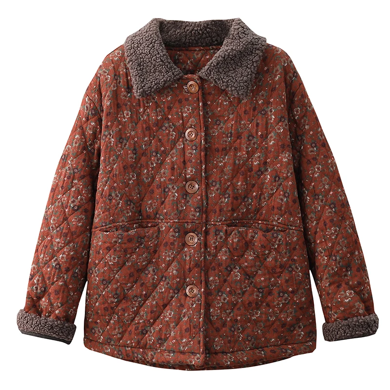 Winter Women Coat Thick Retro Floral Cotton-padded Warm Wool Long Sleeve Vintage Women Coat YoYiKamomo