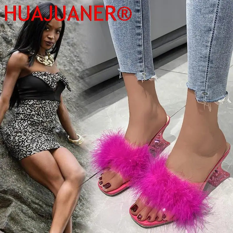 

Мюли женские с перьями, прозрачные сандалии на высоком каблуке, мех, шлепанцы с открытым носком, каблук-шпилька, сланцы, лето