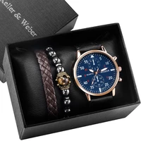 exquisite gift men watch bracelet set blue large dial leather strap vintage bracelets business quartz watches sets for boyfriend