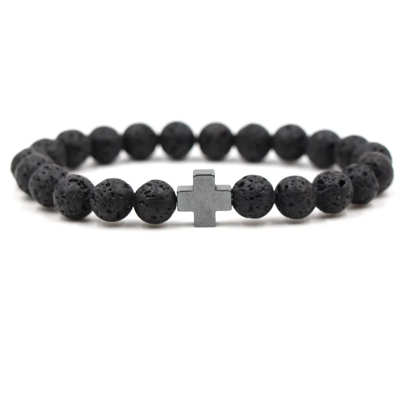 

8mm Pearl Lady Jewelry Cross Hematite Bracelet Natural Black Lava Bracelet Female Men Yoga Jewelry Gift Wholesale