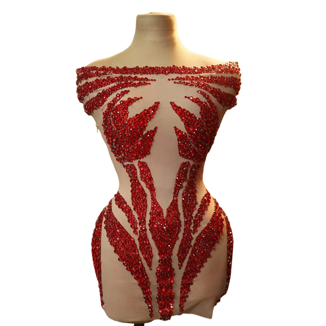 Красное блестящее стрейчевое платье с эффектом горячего сверления для женщин