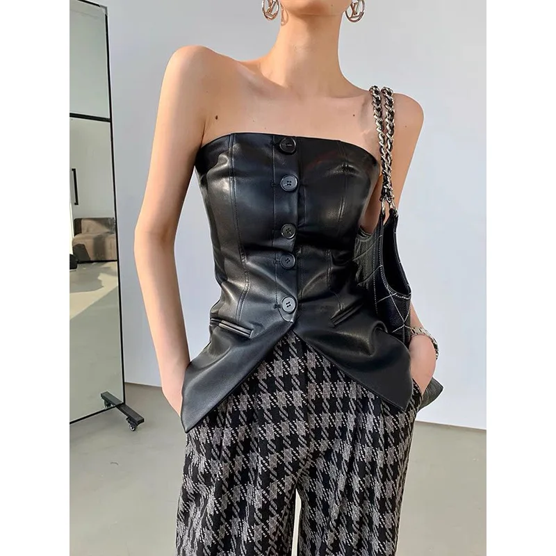 2022 New Style Women's Fashion Button Design Genuine Leather Wrap Chest Vest Retail And Wholesale