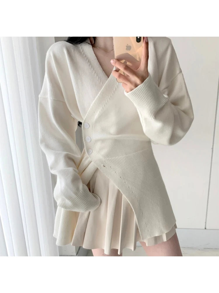 

Женское Асимметричное мини-платье, однотонное Плиссированное Платье с V-образным вырезом и длинным рукавом, модель Y2K в винтажном французск...