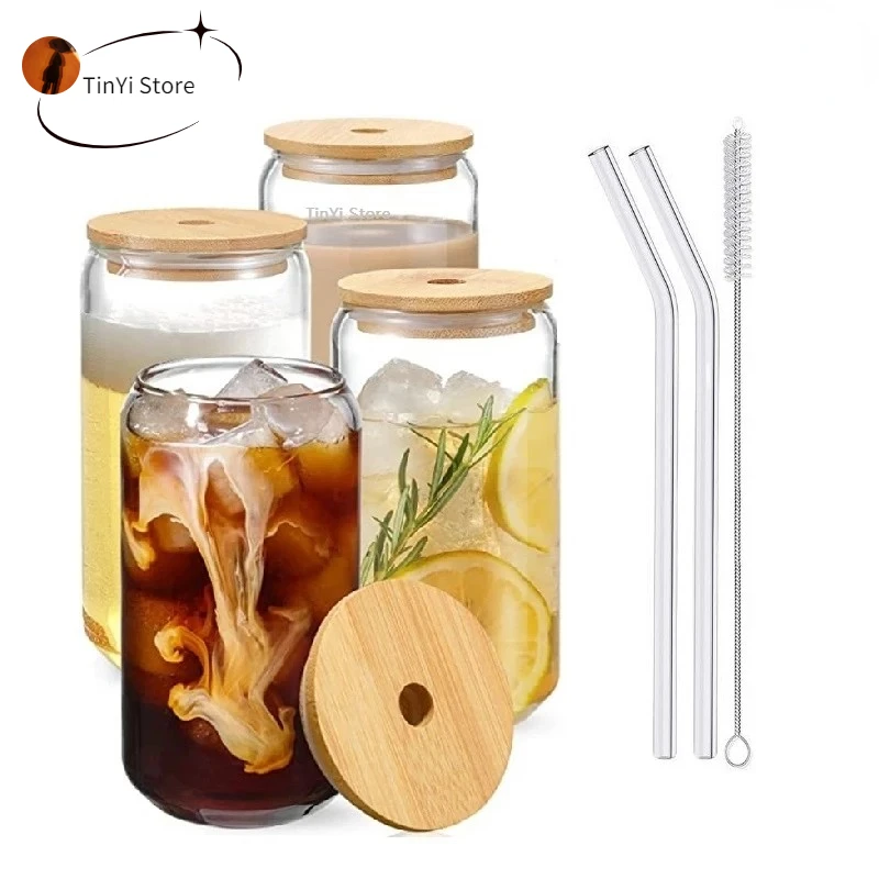 

550ml/400ml Bubble Tea Glass Cup With Lid and Straw Transparent Juice Glass Beer Can Milk Mocha Cups Breakfast Mugs Drinkware