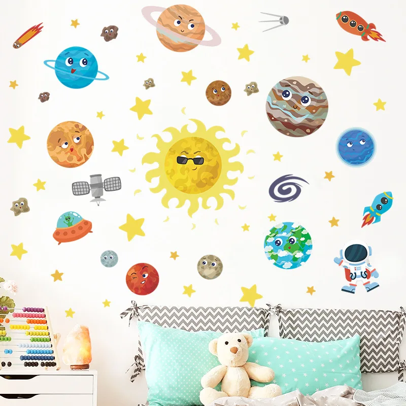 

Новая мультяшная планета астронавт ракета Звезда Детская комната Детский сад домашнее настенное украшение настенные наклейки аксессуары ...