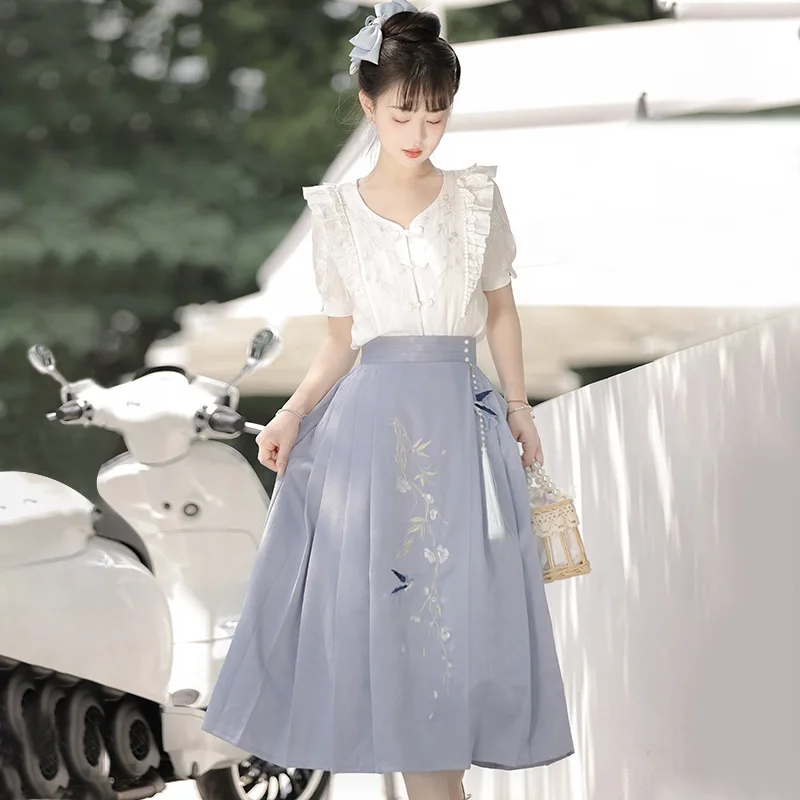 

ZhuZhiCi Original Design Women's 2PCS Set Chinese Hanfu Style White Short Sleeve Shirt & Blue Long Skirt