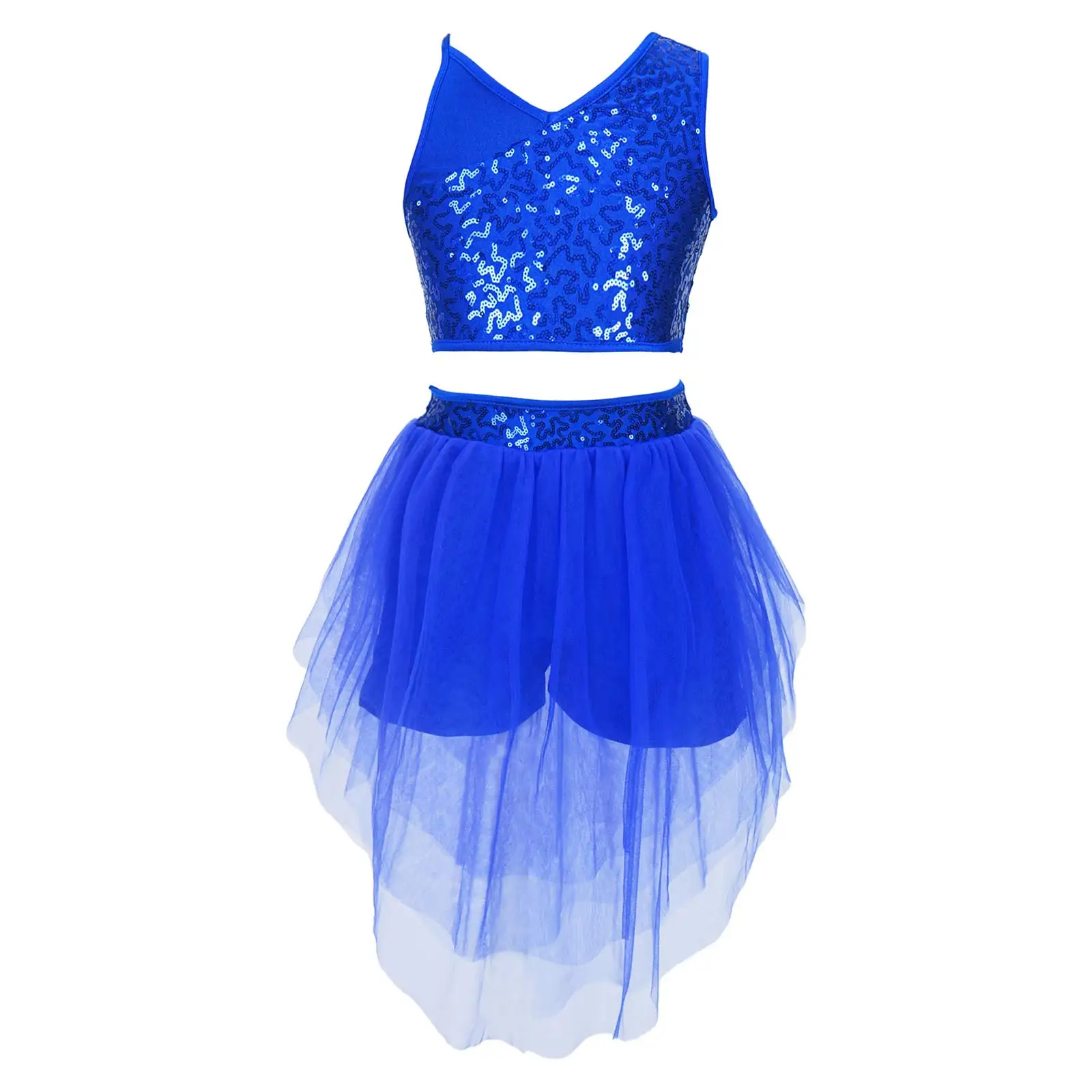 

Girls Kids 2Pcs Ballet Dance Set Sequins Glitter Crop Top with Irregular Mesh Skirts Lyrical Contemporary Modern Latin Dancewear
