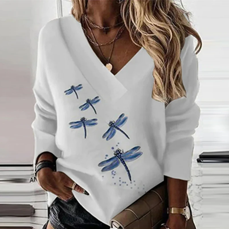 

Women Elegant V Neck Hoodie Sweatshirt 2022 Spring Dragonfly Print Office Lady Top Pullover New Autumn Long Sleeve Loose Hoodies