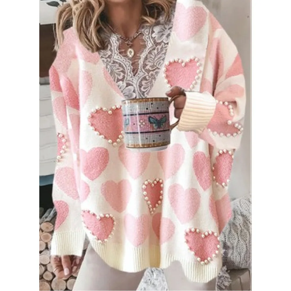 Spring And Autumn Women Sweater New Sexy V-neck With Patchwork Lace Love Beaded Sweater Women Top