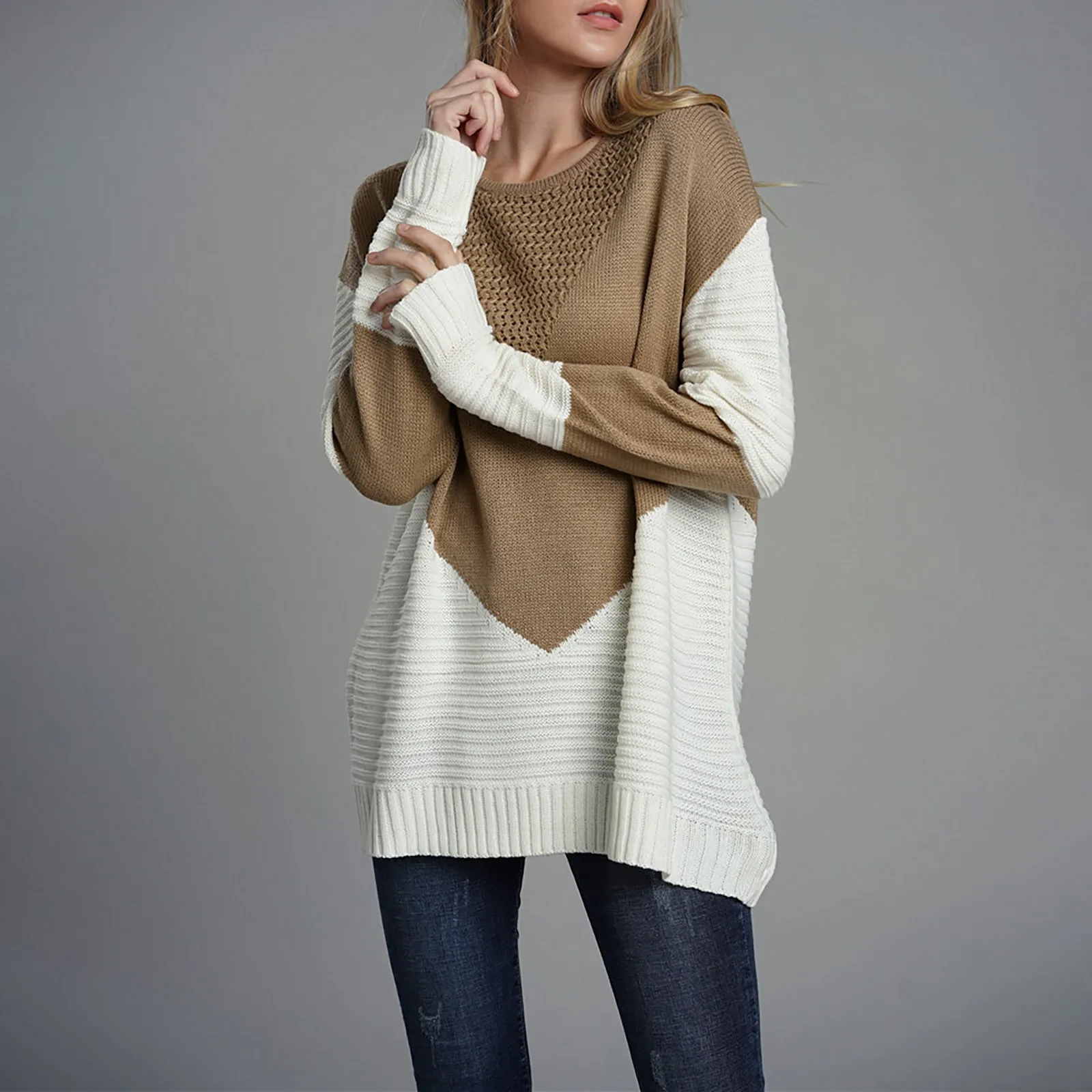 

Модный женский осенне-зимний свободный Трикотажный свитер с круглым вырезом и длинными рукавами, Женский пуловер, топы, трикотажная женска...