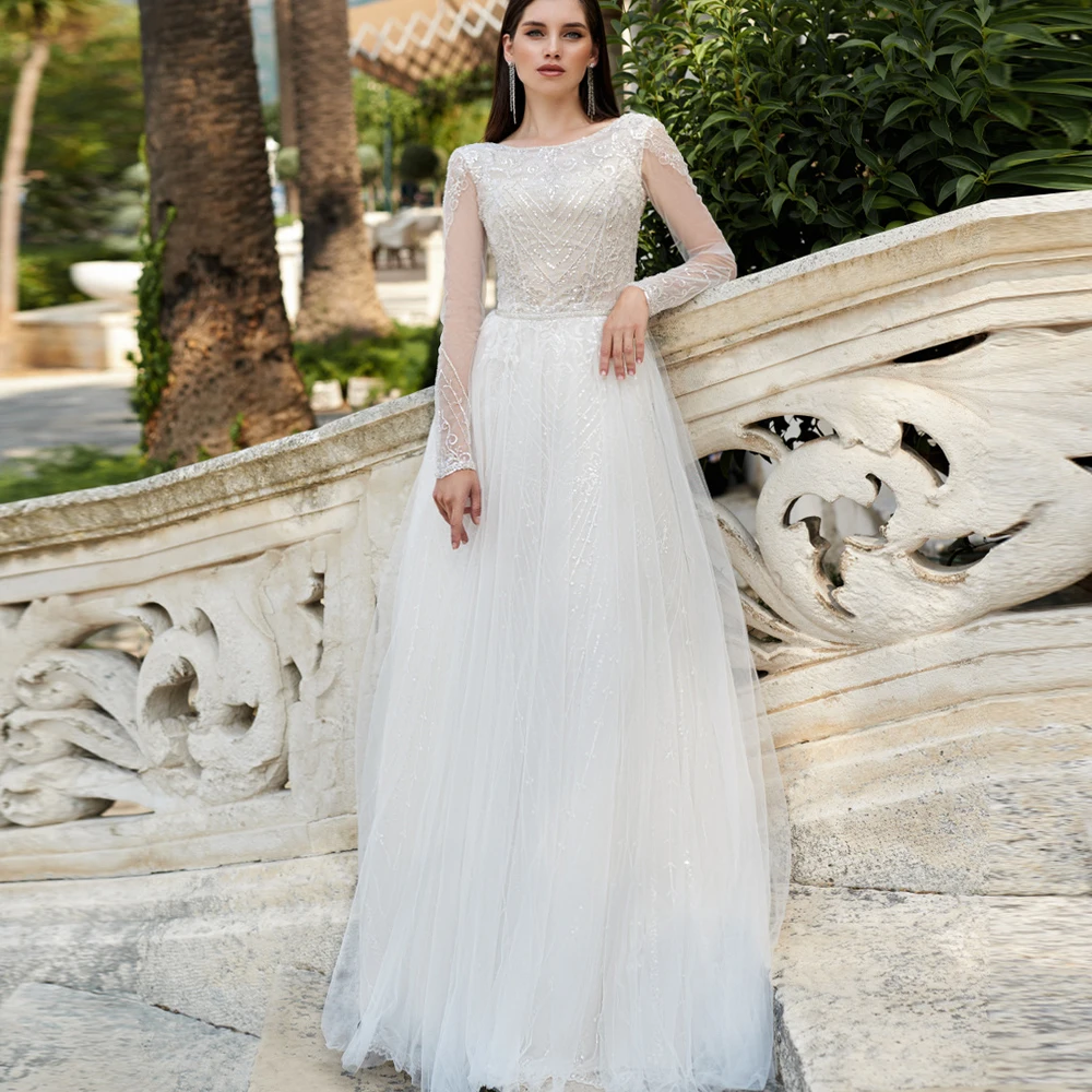 

Boho Wedding Dress For Bride 2022 O-Neck Long Sleeves Zipper Tulle Bridal Gowns Lace Appliques Sequined A-Line Vestido De Noiva