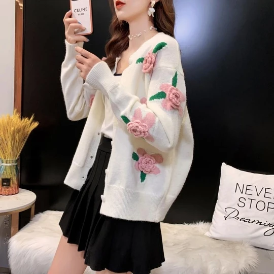 

3D Flower Knitting Girl White Women Blouse Shirt Woman Sweater Cardigan Knit Tops Tight Women's Sweaters Top Coat Cloth Suétere