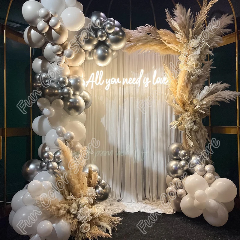 

140 шт., белые счастливые фотообои для свадьбы, бесплатная доставка, латексные серебряные приветственные шары, арка, детский душ