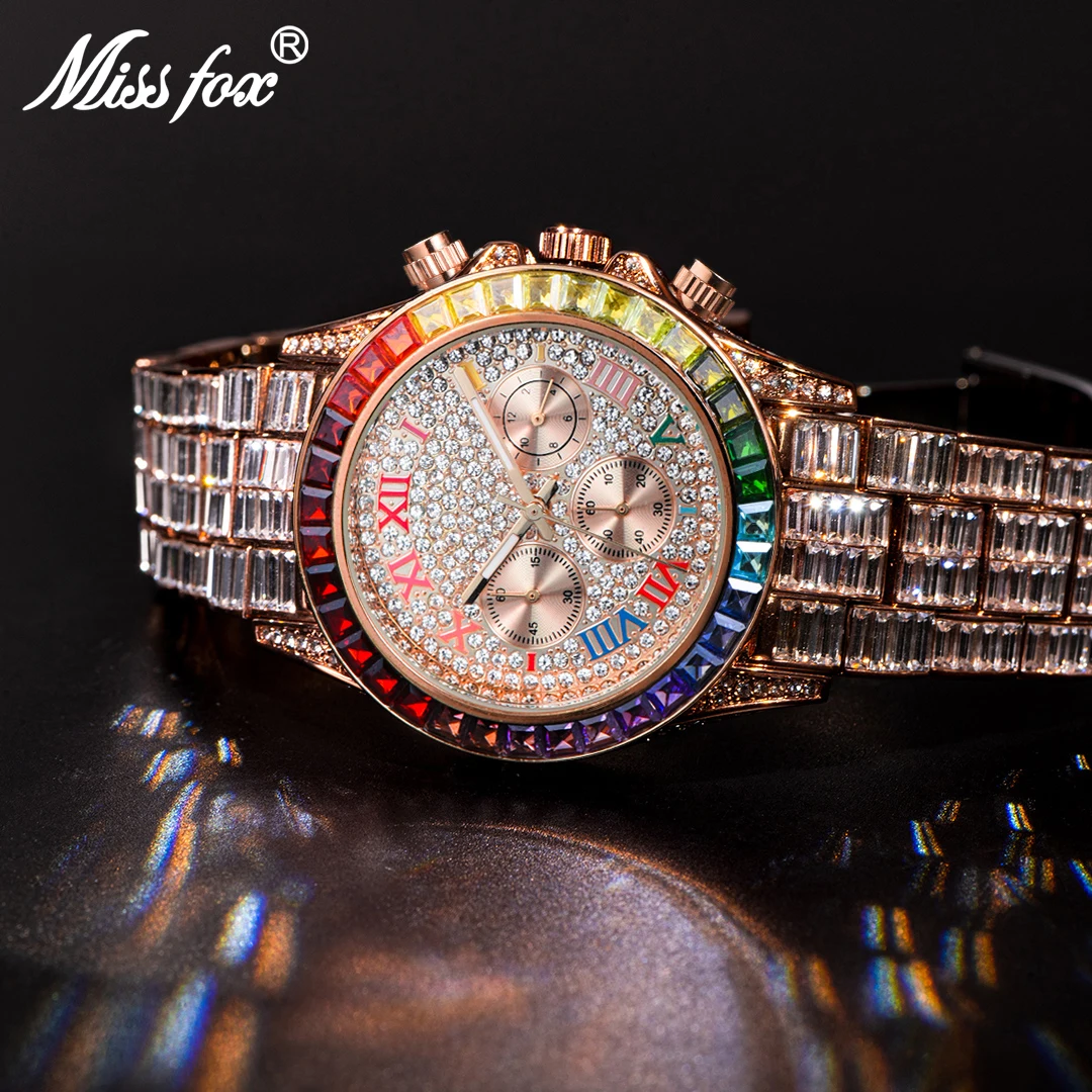 MISSFOX Watch For Men 2022 New Rose Diamond Waterproof Men's Quartz Wrist Watches Luxury Iced Out Luminous Calendar Male Reloj
