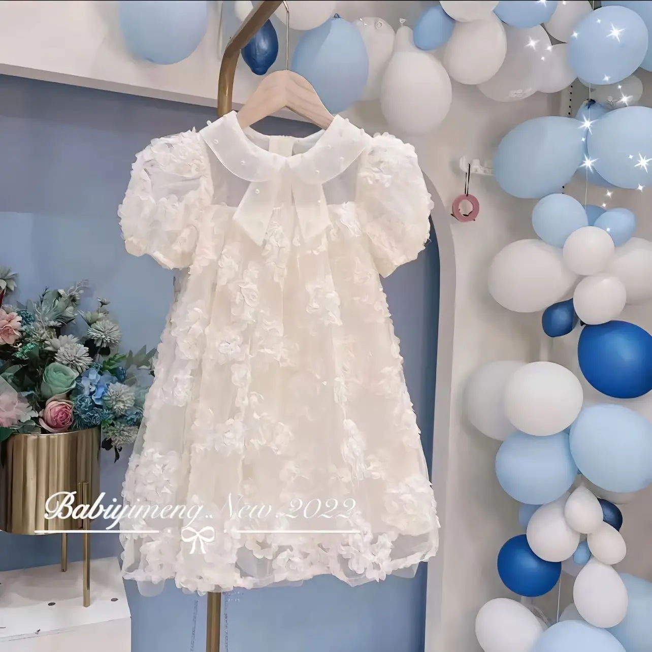 

Платье для девочек, Новинка лета 2023, платье принцессы с цветами для девочек, летняя модная кружевная одежда с рюшами и круглым воротником для девочек