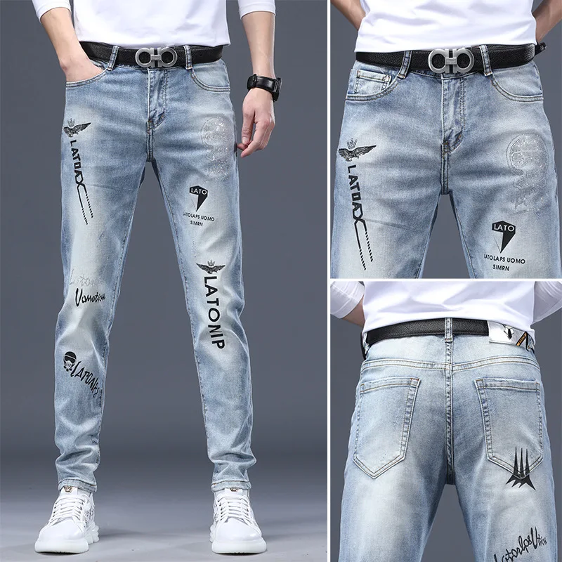 Jeans men Korean pants slim feet stretch light blue summer hot diamond printed casual denim pants men