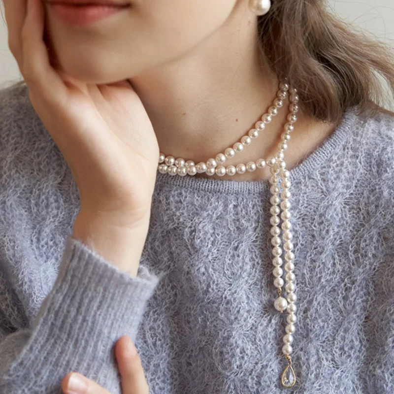 

Long Chain Real Pearl Crystal Pendant Necklace Women Jewelry Party Designer T Show Runway INS Japan Korean