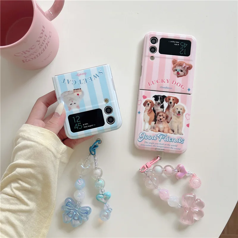 Lovely Style Striped Cat Dog Sticker Phone Case for Samsung Galaxy Z Flip 4 3 Hard Cover for ZFlip3 Zflip4 Solid Shell Bracket
