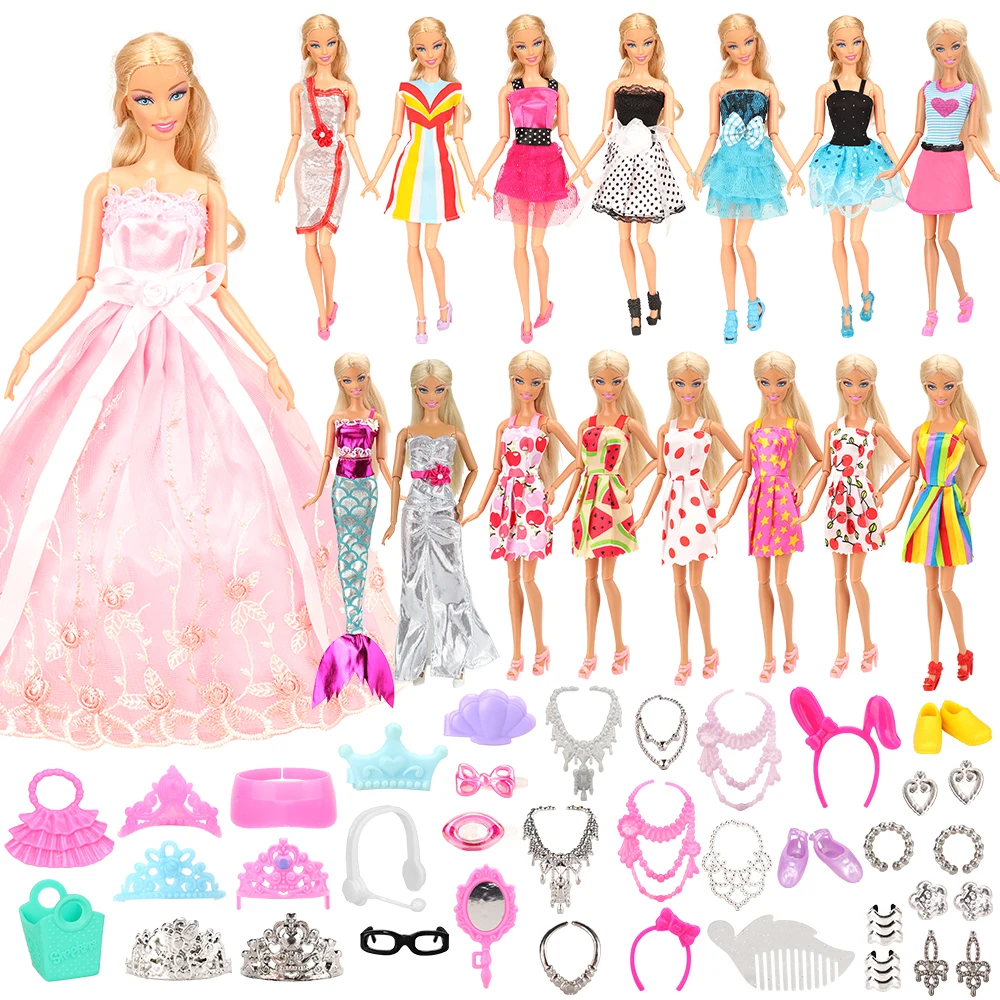 

Kids Toys Dollhouse Funirture 55 Item=15 Doll Clothes +40 Doll Accessories Mermaid Dress Shoes For Barbie Dressing Birthday Gift